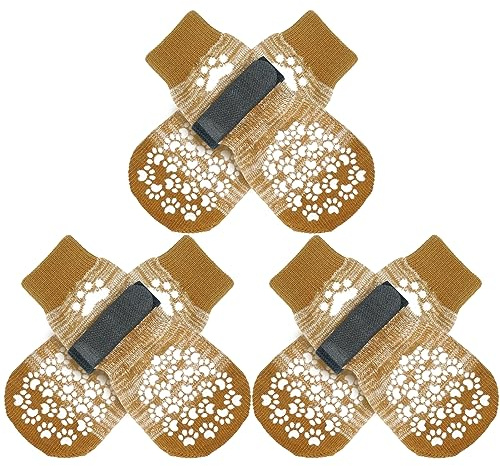EXPAWLORER 3 Paar Hundesocken Anti Rutsch Doppelseitig, Weiche Grip Socken für Hunde Leckschutz Pfote, Verletzung Hunde Pfotenschutz mit verstellbarem Klettverschlussen für Innenbereich, Beige XL
