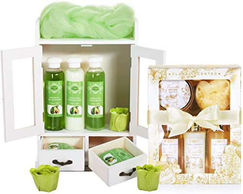 BRUBAKER Cosmetics 2 in 1 Pflegeset Avocado & Vanilla Rose Minze - Großes 15-teiliges Wellness Set - Damen Dusch- und Badeset - Frauen Beauty Geschenkset mit Deko Holzschrank