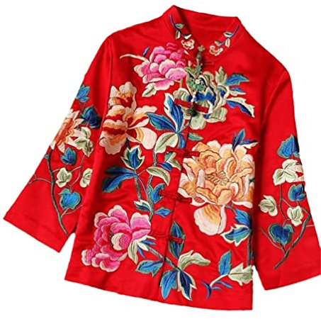 OTFTHPCW Style ethnique Vintage broderie chinoise haut femmes vestes lâche manteau tang costume automne féminin, rouge, M