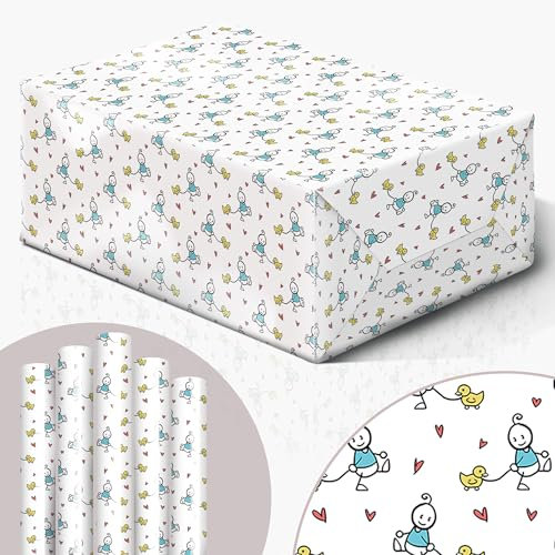 Geschenkpapier Baby Junge Mädchen Geburt - mint neutral Strichmännchen – Rolle 5 Bogen 42x119cm 30x Kleber für Taufe Kind Geburtstag Babyparty