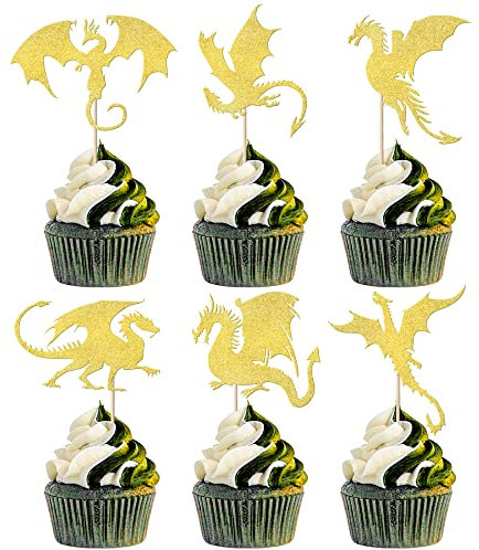 24 Pack Dragon Cupcake Toppers Glitter Fantasy Birthday Cupcake Picks for Medieval Dragon Theme Baby Shower Kids Birthday Party Cake Decorations Supplies Gold