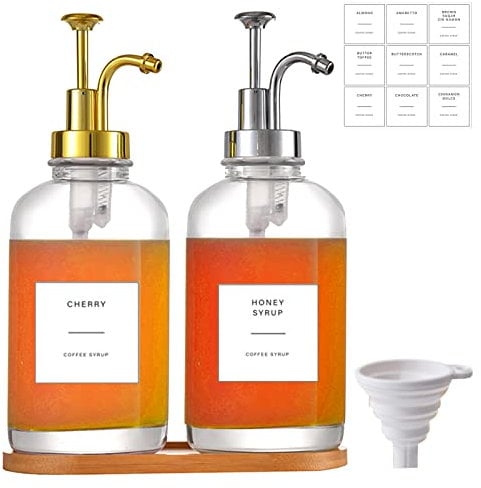 Les-Theresa 2Pcs Coffee Syrup Dispenser Glass With Labels, Syrup Pump Bottle 500Ml/16.9Oz Syrup Bottles, Honey Dispenser Bpa Free Coffee Station Accessories For Coffee Bar Home Bar