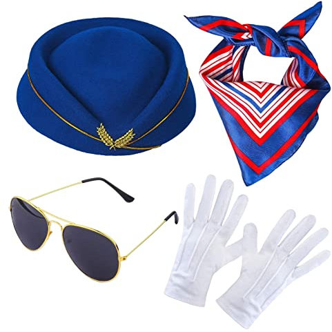 Ditanpu Stewardess-Kostüm Für Damen, Stewardess-Outfits, Flugbegleiterin, Hut, Sonnenbrille, Schal, Handschuhe, Damen Stewardess Kostümzubehör Flugbegleiterin Hut Mit Stewardess Cosplay Kostümzubehör