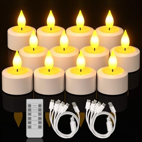 Yme 12er Set LED Teelichter Wiederaufladbar mit Timer, Elektrische LED Kerzen Aufladbar Flackernd Dimmbar mit Fernbedienung und USB-C Ladekabel für Zuhause Zimmer Halloween Weihnachten Party Deko