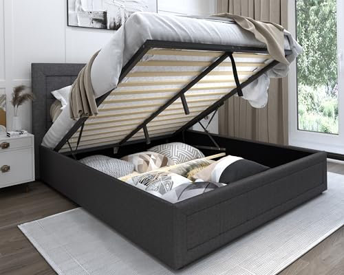 Blisswood Ottoman Bed, Upholstered Bed Frame, Ottoman Bed With Storage Gas Lift End Opening Wooden Slats Single Double Bed Frame With Storage (Dark Grey, Small Double)