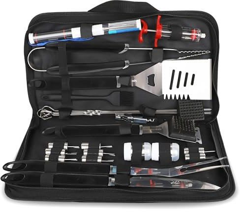SpartaSake 24 Pc. BBQ GrillTools – Stainless Steel BBQ Utensils for Grill, Smoker & Blackstone– BBQ Grill Accessories Grilling Gift for Men & Women with Spatula, Thermometer & Tongs - Black Handle