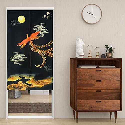 LIGICKY Japanischer Stil Noren Lang Vorhang Dick Doppelseitig Druck Türvorhang Raumteiler Tapisserie für die Heimtextilien 85 x 120 cm, Schwarz, Phönix und die Große Mauer