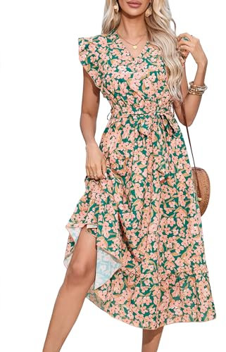 KOJOOIN Damen Sommerkleid Kurzarm Maxikleid Lange Wickelkleid Volant Kleid Rüschen Strandkleid V-Ausschnitt Elegante Blumenkleid mit Gürtel (Verpackung MEHRWEG), A-Blumen-Grün, L