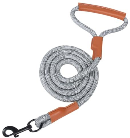 Durable Grey Dog Rope Lead - Reflective Leash for All Dog Sizes | 1.5m Training Lead with Soft Leather Handle | Strong & Safe 1cm Thick Rope for Comfort | UK-Based Seller