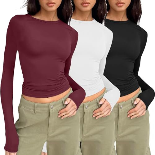 3PC Basic Long Sleeve Tops Women Y2k Basic Long Sleeve Top Slim Fitted Baby Tee Round Neck Skim Dupe Crop Layering Slim Top Blouse Aesthetic Streetwear Ladies Going Out Tee Tops