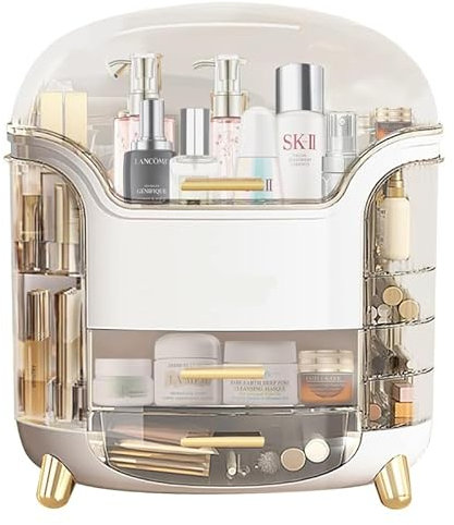 ZiaWorld Makeup Organizer Storage Box, Large Capacity Cosmetics Organizer with Dustproof Cover and Compartments for Makeup Brush, Perfumes, Lipsticks, Skincare Products, Vanity Organiser (White)