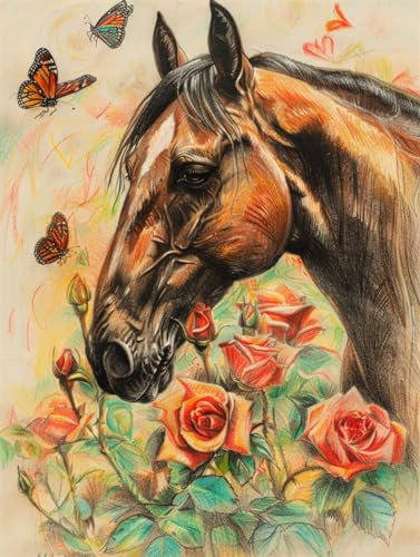 AMBATTERY Knüpfkissen Pferd Und Rosen DIY Knüpfhaken Set Knüpfteppich Zum Selber Knüpf-Sets Mit Kissen Knüpfen-Set Knüpfen Set Anfänger Vorgedruckt 35x46in