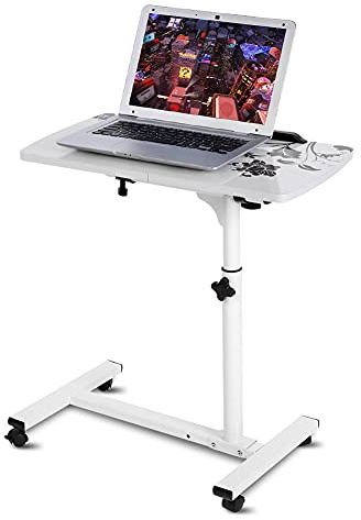 Table d'Ordinateur Portable Mobile, Hauteur Réglable 62-88 cm, avec roulettes, Multi-Usage pour Canapé et Lit, Blanc