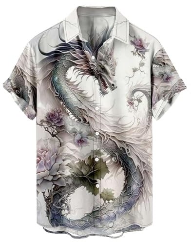 Short Sleeve Shirts Men Chinese Dragon Print Button Down Shirts Summer Casual Shirt Lightweight Regular Fit Turn-Down Collar Tops Funny T Shirts Adult Hawaiian Vacation Shirt for Beach Holiday