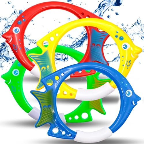 4 Piezas Juegos Piscina Juguetes de Buceo,Juegos de Agua para Niños Círculo Peces de Buceo,Juguetes Piscinas Playa Exterior Verano para Natación Entrenamiento Subacuático Niños y Niñas 7-12 Años
