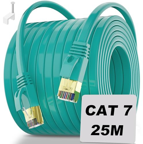 Soibke Cable Ethernet 25 Metros, Cable de Red Plano Cat 7 Cable LAN Exterior, Blindado FTP Cable Internet Gigabit Cable RJ45 Alta Velocidad 10Gbps, Cable Wifi Largo Cable Wlan para Rúter Módem