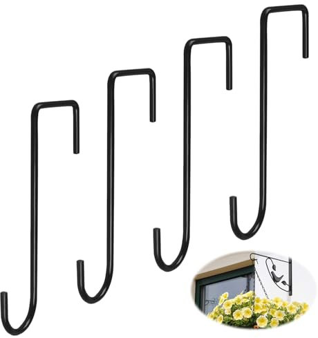 4pcs Black Hanging Basket Bracket Fence Hooks Heavy Duty Steel Wall Plant Hangers,Hooks Planter Hanger Metal Rustproof for Indoor Outdoor Hanging Lantern,Bags, Wind Chimes, Garden Decoration