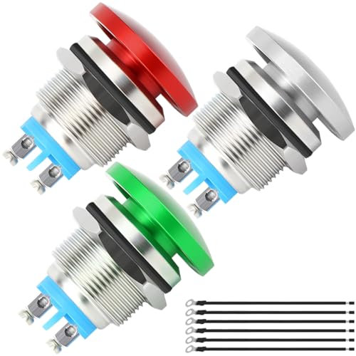 MKBKLLJY 3St. 19mm Pilzkopf Drucktaster Schalter Taster IP65 Wasserdicht DC 12V 3A AC 110V 5A SPST mit gewölbter Schraube und Klemme Drähte für Auto Boot LKW 3Farbe(Rot/Grün/Silber)