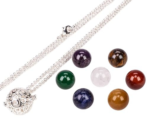 EMPORIA Set für Damen mit silberfarbener Chakra-Halskette mit echten Edelsteinen - sieben Edelsteine für die sieben Chakren: für spirituelles Wohlbefinden und positive Energie