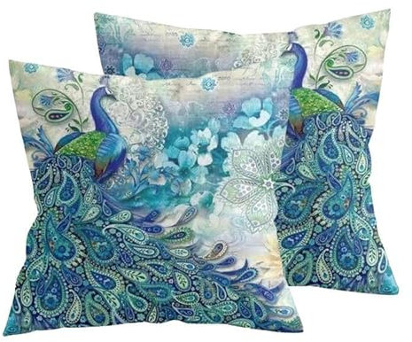 Pfauen-Kissenbezüge, 2 Stück, Pfauen-Druck, Vintage-Türkis-Kissenbezüge, 45 x 45 cm, Pfauenfeder-Kissenbezug, Pfauen-Dekorationen für Zuhause, Sofa, Couch, Bett, Dekoration, böhmische Heimdekoration