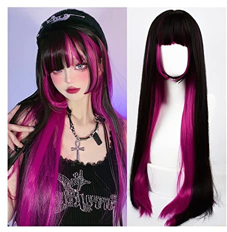 Table à Café Rose rouge met en évidence perruque noire avec une frange perruques de cheveux longs et raides for femmes filles perruques synthétiques résistantes à la chaleur perruques de cosplay de fê