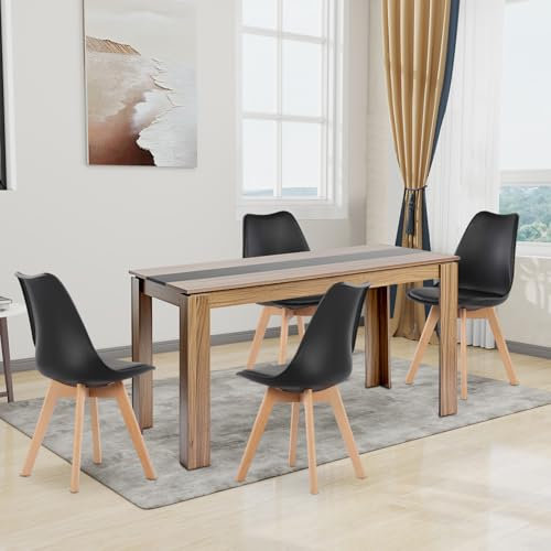 FURNITABLE Esstisch mit 4 Stühlen Esszimmergruppe, 4er Set Esszimmerstühle und 140CM Rechteckig Holztisch Essgruppe für Wohnzimmer Küche Büro (Walnuss-Schwarz Tisch+4 Schwarz Stühle)