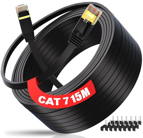ikbc Cat 7 Ethernet Cable 15m, Flat Lan Cable 10Gbps FTP Shielded, High Speed Intermet Cable 15 Meter, Gigabit Rj45 Patch Cord Black for Router PS4/5 PC (15 Clips)