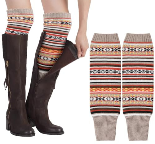 AUYAO Ladies’ Knitted Leg Warmers, 1Pcs Bohemian Leg Warmers for Womens, Wool Winter Long Leg Warmers, Striped Ethnic Knitting Footless Leg Warmers, Knee High Knitted Boot Socks for Women Girls
