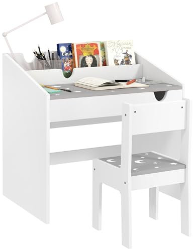AIYAPLAY Kids Desk and Chair Set, Children Study Table and Chair with Storage, Pull-Out Drawer, Star and Moon Pattern, for Bedroom, Playroom, Nursery, for Ages 3-6 Years, Grey