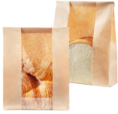 100Pcs Bread Bag with Seal Stickers, Breads Bags for Homemade, Large Kraft Paper Sandwich Bags, Greaseproof Toastie Bag for Toaster with Front Clear for Home Baking Packaging Storage (2 Size)