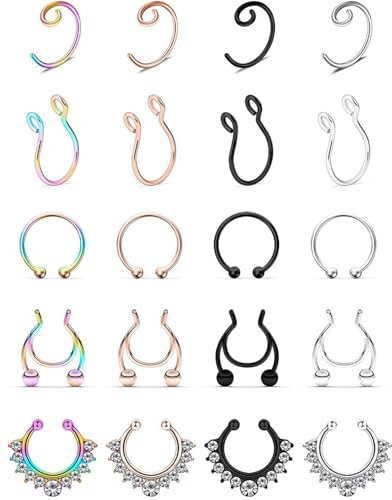 TPZORJX 20 pcs Fake Septum Rings Faux Nose Piercing Fake Nose Ring Stainless Steel Faux Lips Ear Nose Septum Ring Non Piercing Clip On Nose Hoop Earrings Body Piercing Jewellery
