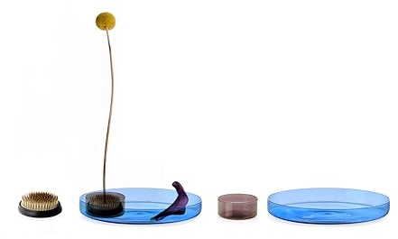 Ichendorf Milano Set mit 2 Glastabletts + 1 Flower Frog aus Messing, rosa und hellblau, Kollektion Kenzan, handgefertigt