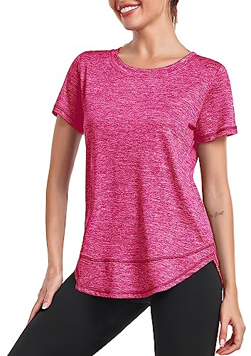Deaviya Women's Sports T-Shirt Gym Tops, Short Sleeve Workout Casual Running Tops, Ladies Gym Yoga Sports Top, Crew Neck Fitness T-Shirts for Women, Loose Side Split Tee,Red M