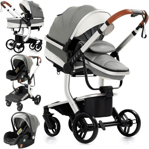 3 in 1 Luxus Kinderwagen aus PU-Leder mit Babywanne | Wendbarer Kinderwagen mit hoher Landschaft | Zusammenklappbar für Neugeborene und Kleinkinder(Grau)