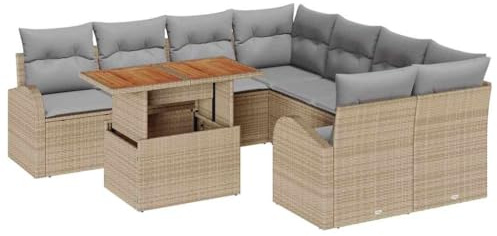 vidaXL 9-teiliges Gartensofa-Set mit Kissen | Beiger Poly-Rattan Outdoor Sitzplatz, verstellbare Füße, modulare Bauweise und wetterfeste Materialien. Perfekt für Terrasse und Lounge.