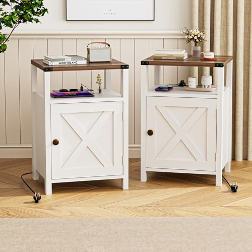 BonVache 2er Set Nachttisch mit Ladefunktion, Beistelltisch mit Tür und Etagen, Offenem Stauraum, 2 Steckdosen und 2 USB-Anschlüssen, für Schlafzimmer, Lesezimmer, Wohnzimmer, Flur, Weiß-Braun