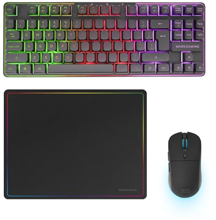 Mars Gaming MCPWTKL, Inglese US, Combo Gaming Senza Fili, Tecnologia DualPro Link 2.4GPRO, Tastiera TKL FRGB Rainbow + Mouse RGB 3200DPI con Switch HUANO + Tappetino Antiscivolo 360x260mm, Nero