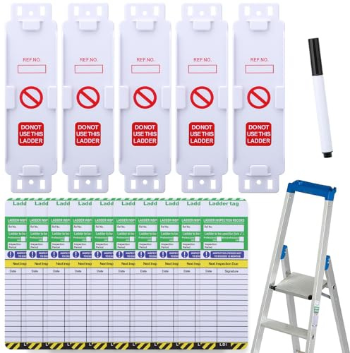 Ladder Tags, 5 Holders and 10 Ladder Inspection Tag Inserts, Waterproof Ladder Inspection Tags and Holder Set for Indoor & Outdoor All Ladders Safety Inspection Protection (with an Erasable Pen)