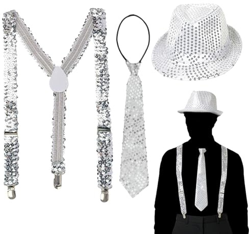 GYIOFAI 3-teiliges Disco-Jazz-Kostüm-Set, glitzernde Krawatte, Pailletten-Hut, Hosenträger der 70er-Jahre, Disco-Zubehör, Pailletten-Zubehör für Aldult Hip-Hop-Thema, Junggesellinnenabschied, Nacht