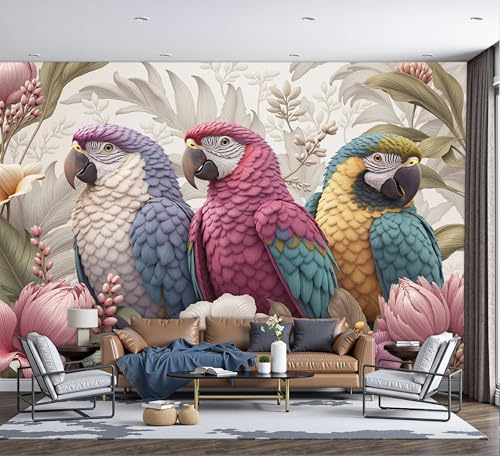 ZISTRCBAO Papier Peint Panoramique Perroquet Hibiscus 300x210cm, Décoration Murale Illustration D'Art Décoratif, Papier Peint Soie Décoration Murale Moderne Pour Chambre Salon