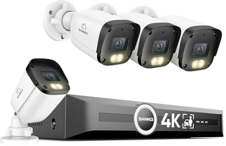 SANNCE 4K PoE Überwachungskamera Aussen Set – 4×128° Weitwinkel Kameras | 8MP 8-Kanal NVR ohne HDD, Farbige Nachtsicht, Personen-/Fahrzeugerkennung, Audio, IP67 Wetterfest, In-/Outdoor, Plug & Play