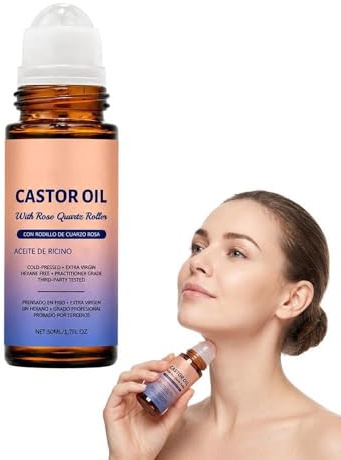 Organic Castor Oil With Rose Quartz Roller, 100% Pure, Cold-Pressed, Amber Glass Bottle For The Skin, Nourishing And Gentle, For Stomach, Face And Body, Suitable For All Skin Types (1)