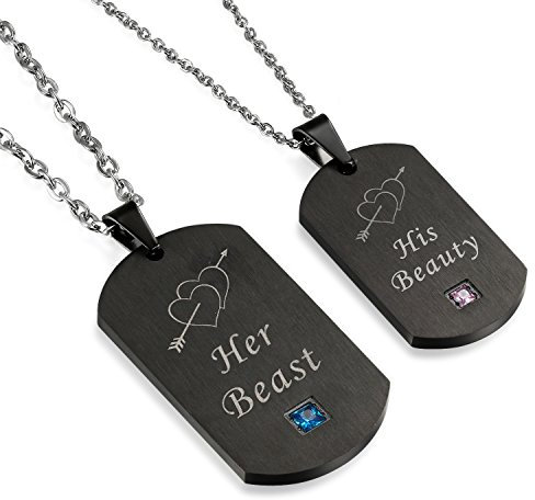 Flongo 2 Stück Partner Anhänger Halskette Set, Zirkonia Edelstahl Kette Her Beast, His Beauty Pfeil mit Herz Gravur Erkennungsmarke Dog Tag Schwarz Partnerketten Herren,Damen