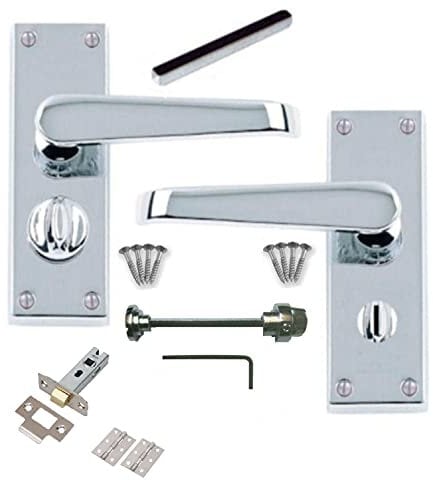 Golden Grace Victorian Straight Polished Chrome Door Handle Privacy Pack 120mm + Hinges and 63mm Latch
