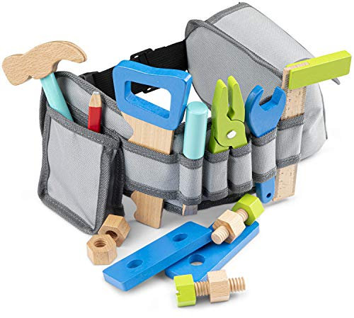 New Classic Toys 18286 Verstellbarer Werkzeug-Gürtel inkl. Buntem Spielwerkzeug und-zubehör aus Holz Mehrfarbig