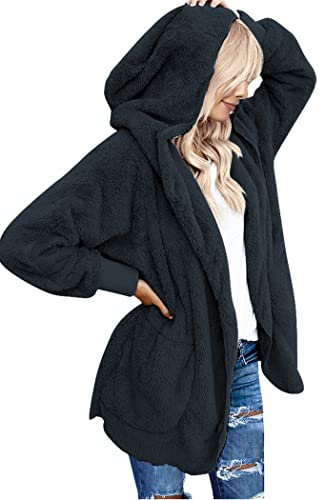 Beyove Plüschjacke Damen Teddy Warm Hoodie Jacke Fleecejacke Einfarbig Teddy Mantel Langarm Herbstjacke Kapuzenjacke mit Tasches Lässige Cardigan Strrickjacke Blau S