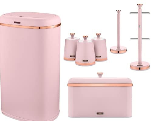 Tower Cavaletto Pink & Rose Gold Kitchen Accessories Set of 7-58L Sensor Bin, Bread Bin, 3 Canisters, Mug Tree & Towel Pole. Contemporary Matching Set of 7 in Pink
