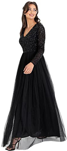 Maya Deluxe Womens Ladies Dress Sleeve for Wedding Guest V Neck High Empire Waist Maxi Long Length Evening Bridesmaid Prom Robes, Black, 40 aux Femmes