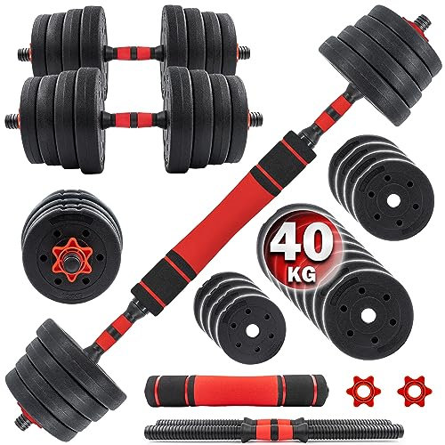 C.P.Sports 2in1 Kurzhantel & Langhantel Set 30kg / 40kg | Hantelscheiben – Gewichte – Hantelstangen | verstellbare Hanteln – Hantelset für Krafttraining, Fitness, Home Gym (rot-schwarz )