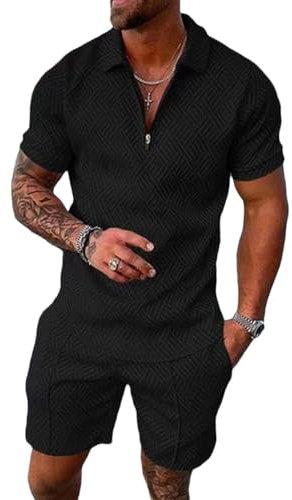 ticticlily Trainingsanzug für Herren Sommer Sportanzug 2 Teiliges Outfit Sport Set Kurzarm T-Shirts + Kurze Hose Freizeitanzug Männer Business Polo Hemd mit Revers Mode Sporthose A Schwarz M